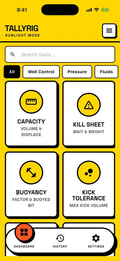 TallyRig dashboard in sunlight mode showing Kill Sheet, Kick Tolerance, Capacity and Buoyancy calculators
