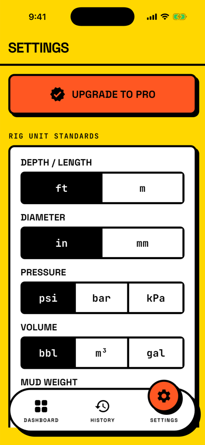 TallyRig unit settings for depth, pressure, volume and mud weight